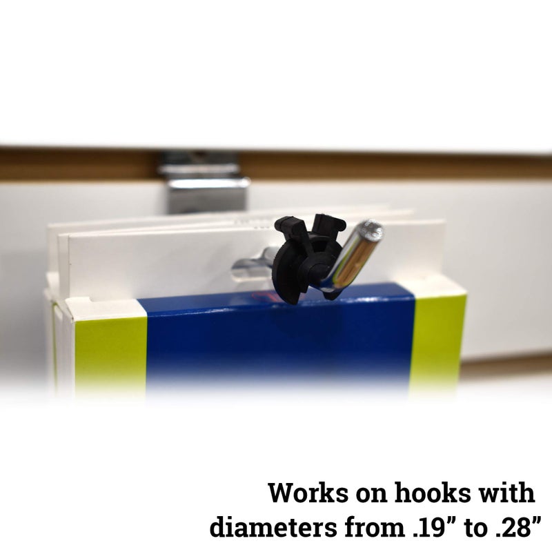 Store Fixtures Direct Black Peg Hook Stoppers, Squeeze & Pinch Inventory Control Clips to Help Keep Merchandise on Hooks, 100 Pack - Image 3